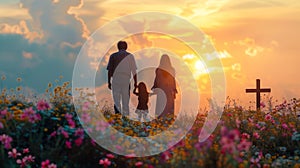 Family walking towards a cross at sunset. Silhouettes of a family and cross against a setting sun. Concept of Easter