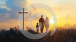 Family walking towards a cross at sunset. Silhouettes of a family and cross against a setting sun. Concept of family