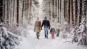 Family walking in winter forest. Mother, father and children having fun in snowy forest