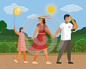 Family walks in nature. City park, bushes, wildflowers, clear sky, sun. Flat image for web