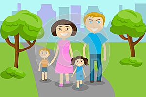 Family walks in the park - mom, dad, son and daughter.
