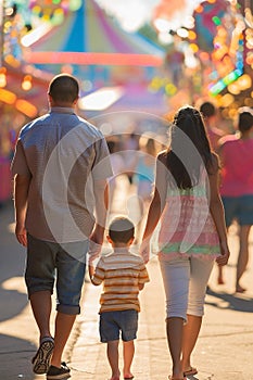 Family walks at a vibrant fair