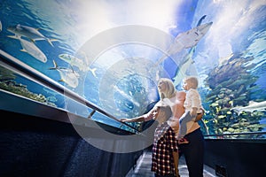 Family watchig fishes at a aquarium