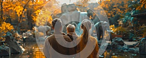 Family watching elephants in a blurred zoo