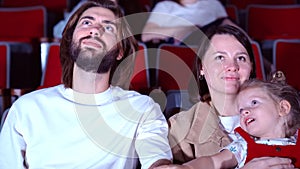 Family watching film in cinema. Media. Portrait of happy mom, dad, and cure little girl sitting together and watching an