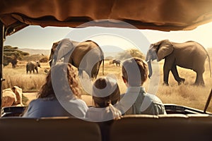 A family watching a herd of elephants from their safari vehicle in the african savannah