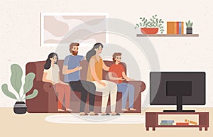 Family watching television together. Happy people watch tv in living room, young family watching movie at home vector