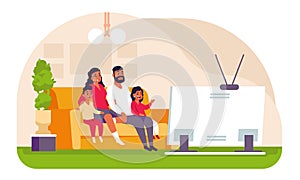 Family watching TV. Cartoon father mother and children spending weekend at home, sitting on couch and watching movie or