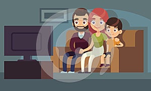 Family watching tv. Happy family watch tv home room sitting couch woman man kids indoors entertainment television flat