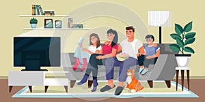 Family watching TV in living room. Vector flat cartoon illustration. Home movie time, indoor weekend leisure concept