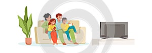 Family watching TV. Parents and children at home. Cartoon mother and father with kids embracing sitting on couch in living room.