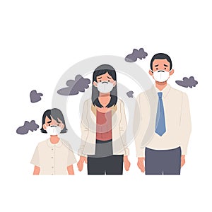 Family wearing masks on their faces because of smoke pollution, people protecting health from city pollution, Flat cartoon vector