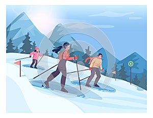 Family wearing an outerwear skiing. Skiing characters, mom, dad and kid