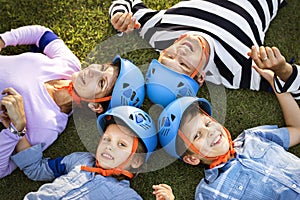 Family wearing protective blue helmets