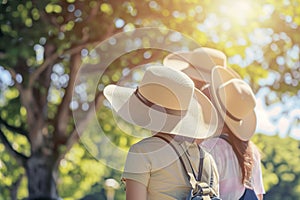 family wearing widebrimmed hats at a sunny park