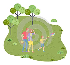 Family weekend concept with parents and child walking in the park cartoon vector illustration