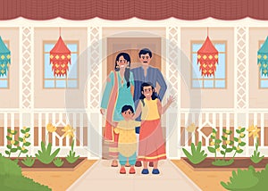 Family welcoming guests at front porch flat color vector illustration