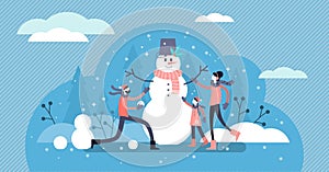 Family winter fun vector illustration. Flat tiny snowman persons concept.