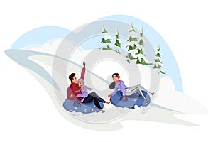 Family winter leisure flat vector illustration