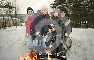 Family winter picnic. Happy friends sit around campfire in forest and fry marshmallows during a winter trip at weekend
