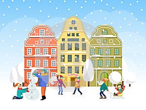 Family winter time spend, concept character kid male female make snowman flat vector illustration. Cozy christmas