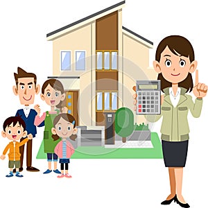 A family, a woman in a construction shop showing a calculator, and a house