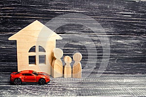 Family, wooden house model and car. buying and selling or car insurance. business success. concept of real estate, buying