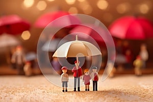 Family of wooden peg figurine under red umbrella Generative AI