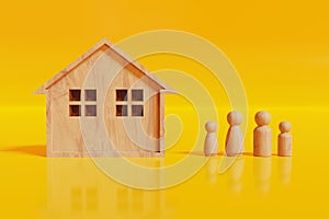 Family with Wooden Toy Figure and Toy House. Home Ownership Concept