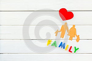 Family word and figure for adopt child concept on white background top view mock up