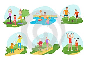 Family workout exercise vector active people mom or dad character and kids exercising together in park illustration set