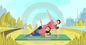 Family Yoga Exercises on Fresh Air Flat Vector