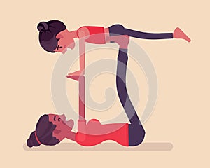 Family yoga, young happy black yogi mother, daughter practicing acroyoga