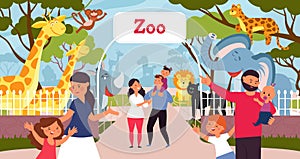 Family in zoo. Smiling cartoon kids, walking in park with parents. Safari in city, giraffe monkey elephant. Wild animal