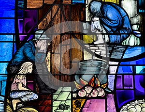 The Famine (Ireland) in a stained glass window