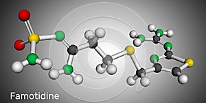 Famotidine, molecule. It is used for treatment of peptic ulcer disease, heartburn, gastroesophageal reflux disease. Molecular