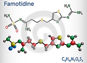 Famotidine, molecule. It is used for treatment of peptic ulcer disease, heartburn, gastroesophageal reflux disease. Structural