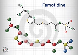 Famotidine, molecule. It is used for treatment of peptic ulcer disease, heartburn, gastroesophageal reflux disease. Structural