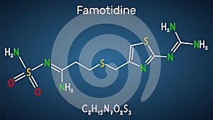 Famotidine, molecule. It is used for treatment of peptic ulcer disease, heartburn, gastroesophageal reflux disease. Structural