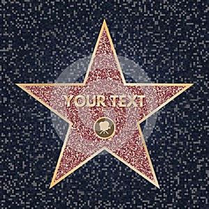 Famous actor star. Bright vector star on celebrity boulevard. Walk of fame. Glitter star with video camera on dark granite texture