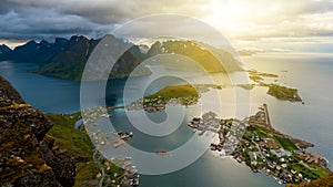 Famous aerial view on Reine village, Lofoten islands, Norway