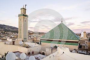 Famous al-Qarawiyyin mosque and University in heart of historic downtown of Fez, Morocco