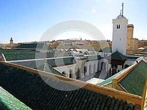 Famous al-Qarawiyyin mosque and University in heart of historic downtown of Fez, Morocco