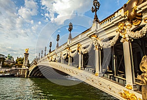 Famous Alexandre III Bridge over river Seine in Paris, France.