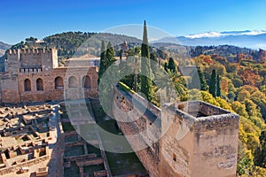 Famous Alhambra palace tower view, Granada Spain