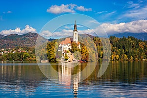 Famous alpine Bled lake Blejsko jezero in Slovenia, amazing autumn landscape, outdoor travel background photo