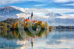 Famous alpine Bled lake Blejsko jezero in Slovenia, amazing autumn landscape. Scenic view of the lake, island with church