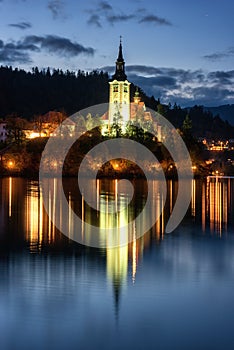 Famous alpine Bled lake Blejsko jezero in Slovenia, amazing night landscape. Scenic view, outdoor travel background