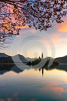 The famous Alpine Lake Bled (Blejsko jezero) in Slovenia, an amazing autumn landscape. Fabulous view of the lake, island