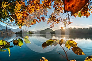 The famous Alpine Lake Bled (Blejsko jezero) in Slovenia, an amazing autumn landscape. Fabulous view of the lake, island